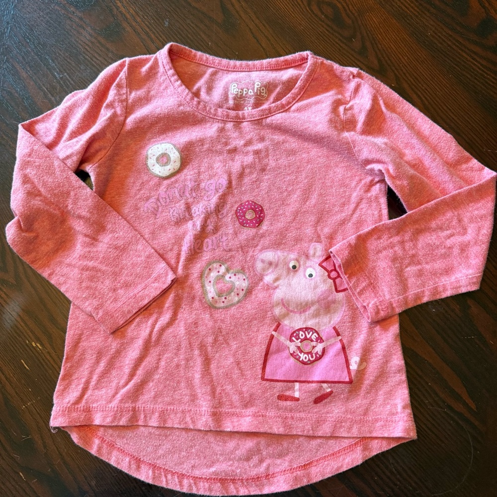Peppa Pig Pink Long Sleeve Tee with Donut & Heart Graphics